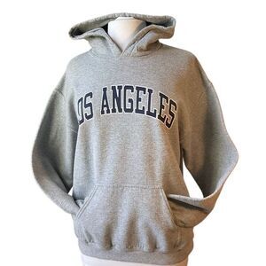 Vintage Los Angeles Pullover Hoodie by Gildan. Grey with navy. Medium
